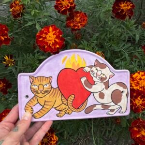 Sacred heart lover cats ceramic plaque